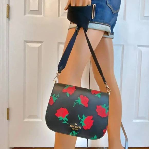 Kate Spade Purse Madison Black with Rose Print Saddle Bag NWT - Picture 9 of 12